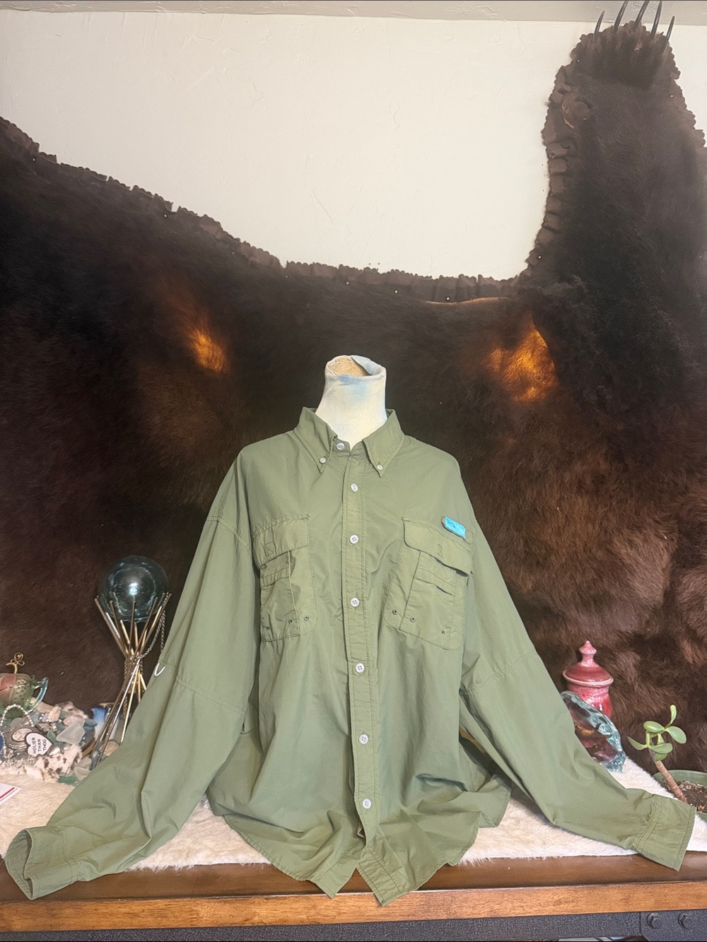 Men's Olive Green Button-Front Utility Fishing Shirt Jacket 2XL (7002)